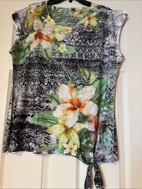 Time and Tru Black Floral Tie-Hem Tunic with Green and Yellow Accents